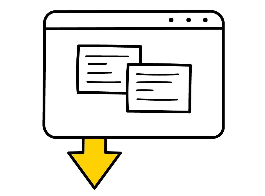 a screen with text and a downward arrow