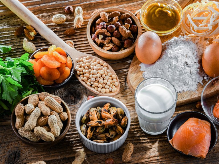 Composition with common food allergens including egg, milk, soya, nuts, fish, seafood, wheat flour, mustard, dried apricots and celery