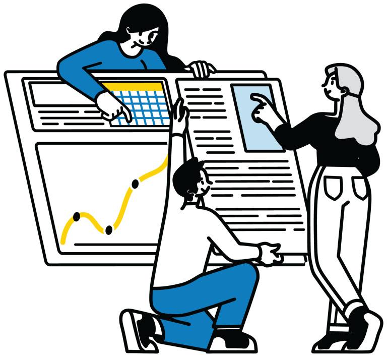 3 cartoon people looking over a poster of analytics