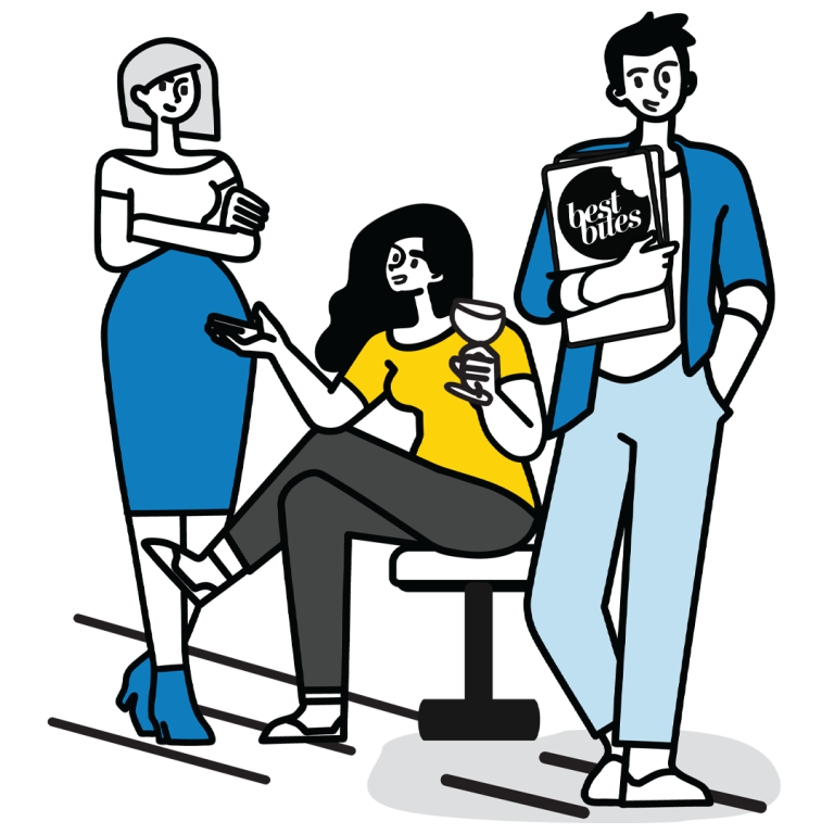 3 cartoon people in a cafe with a best bites menu