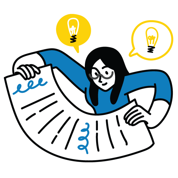 illustration of someone looking at a sheet of paper and coming up with ideas