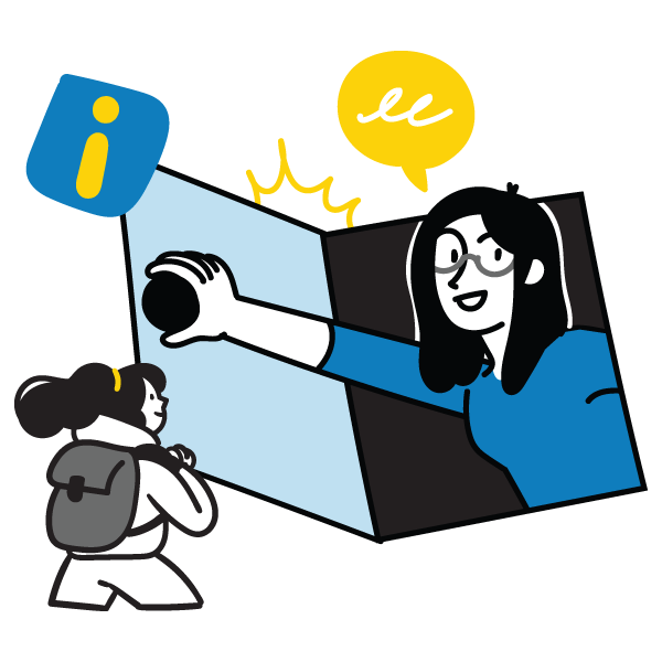 illustration of person welcoming a backpacker to the information centre