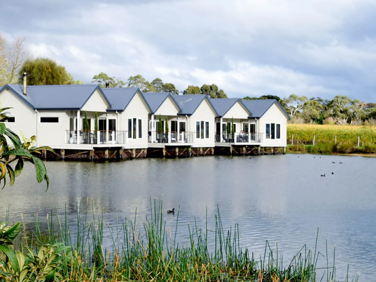 Image of 3 villas on a lake surrounded by trees and vineyards