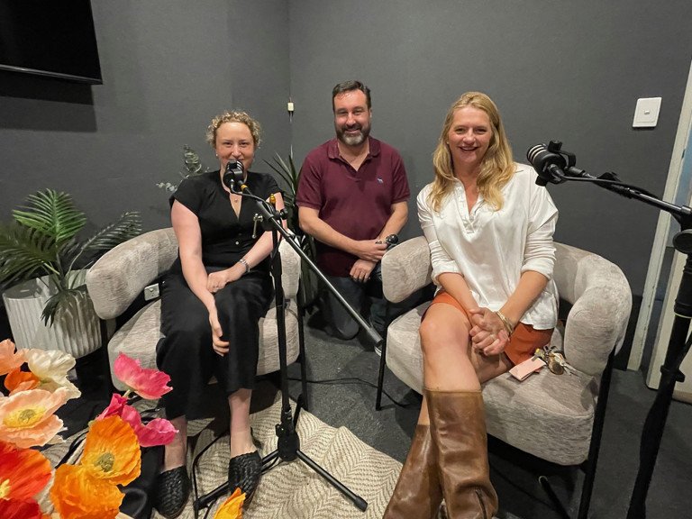 Three businesses people in podcast studio smiling at camera. Genna Monaghan from Arthurs Seat Eagle. Jeremy Worthington from Worthington and Associates. Sally Marasco from The Cambium.